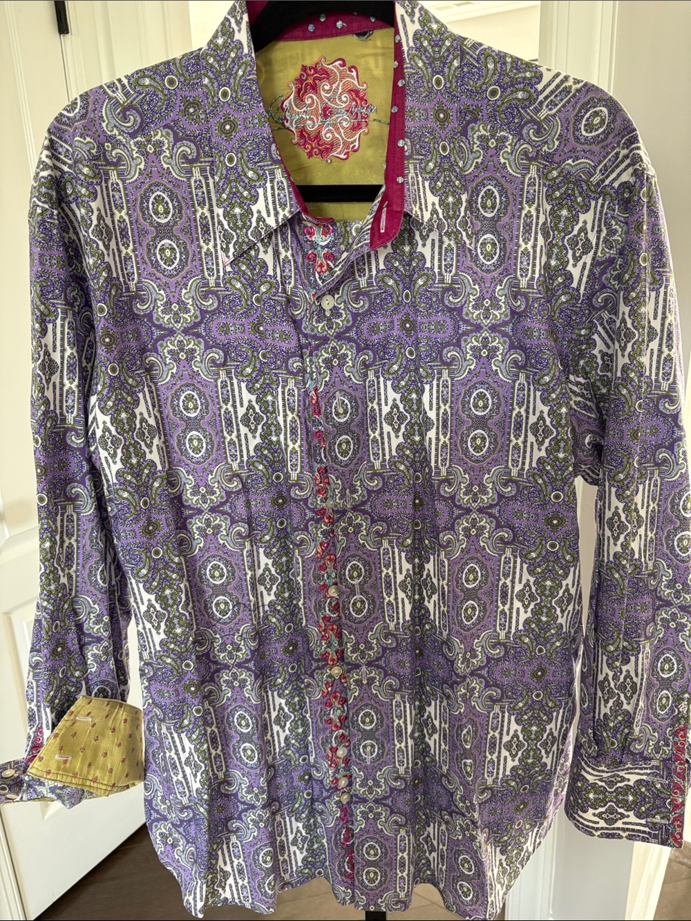 Robert Graham Purple and White Paisley Dress Shirt with Contrast Trim